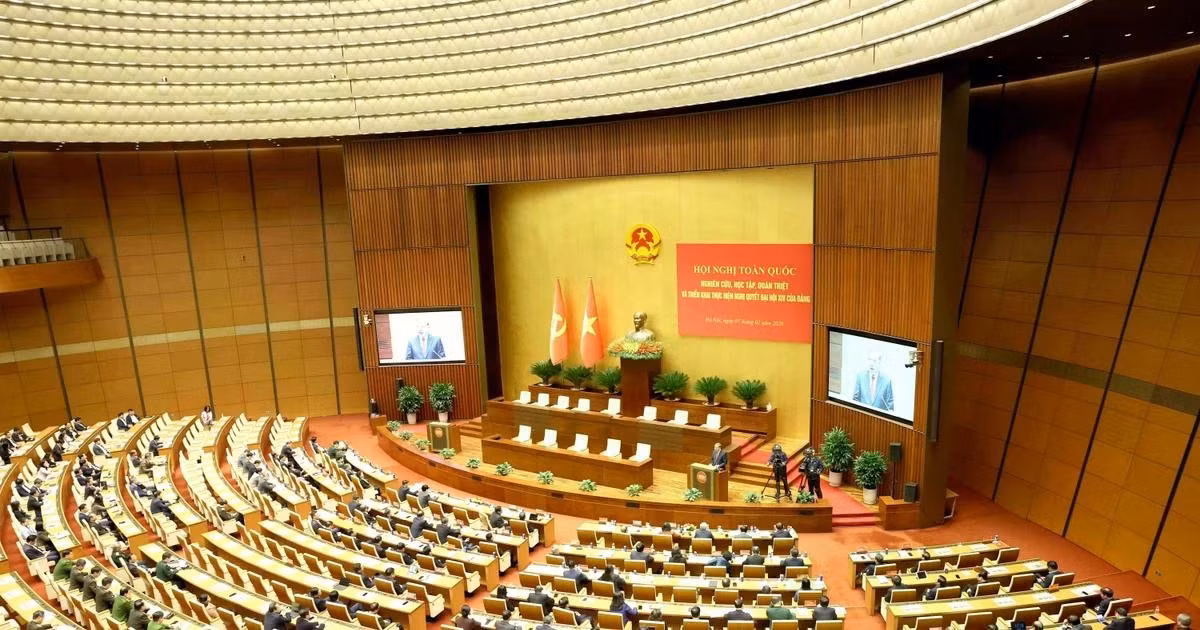 A view of the national conference held by the Politburo and the Secretariat of the Party Central Committee to disseminate and implement the Resolution of the 14th National Party Congress, on February 7 (Photo: VNA)