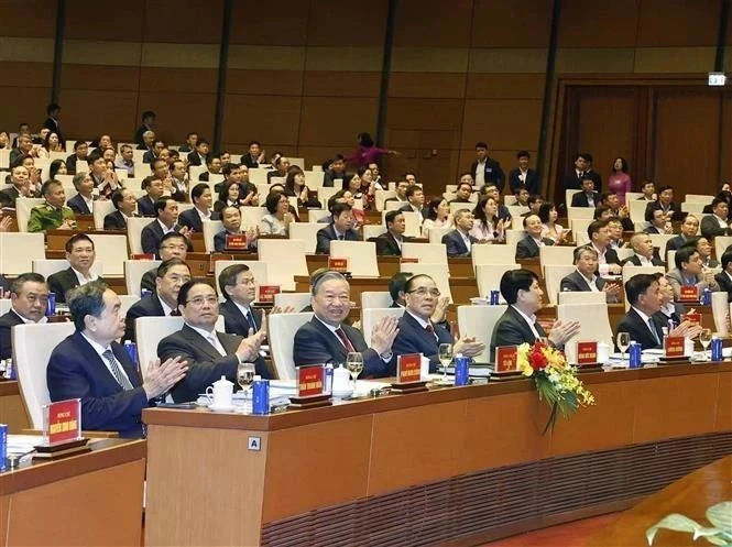 Party General Secretary To Lam and incumbent and former leaders of the Party and State attend the conference on February ̃. (Photo: VNA)