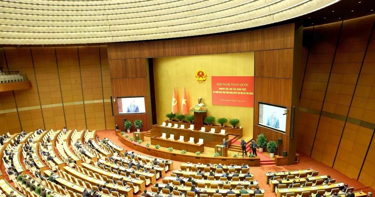 A view of the national conference held by the Politburo and the Secretariat of the Party Central Committee to disseminate and implement the Resolution of the 14th National Party Congress, on February 7 (Photo: VNA)