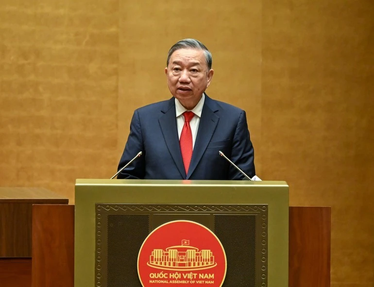 Party General Secretary To Lam addresses the national conference held on February 7 to disseminate and implement the Resolution of the 14th National Party Congress. (Photo: NDO)